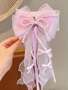 1个女童飘逸网纱蝴蝶结丝带珍珠发夹发饰 - 彩色 - 查看 10