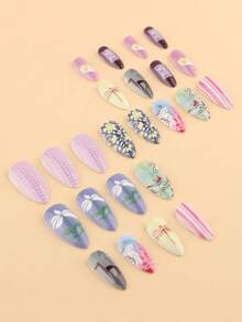 Vintage Oil Painting Style Handpainted Long Almond-Shaped Floral Polka Dot Nail Art, Detachable False Nails - Multicolor - View 3