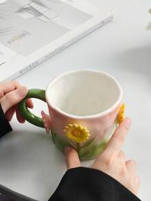 1pc New 3D Sunflower Ceramic Mug, Breakfast Milk Cup, Latte Coffee Cup, Suitable For Home, Cafe, Photography, Valentine's Day Gift Set, Mother's Day, Thanksgiving, Gift For Family And Friends - Multicolor - View 7