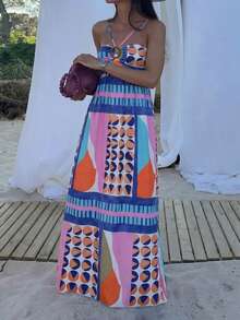 Women's Printed Button A-Line Vacation Dress, Fashionable For Daily And Holiday Wear, Spring/Summer Party Elegant - Multicolor - View 2