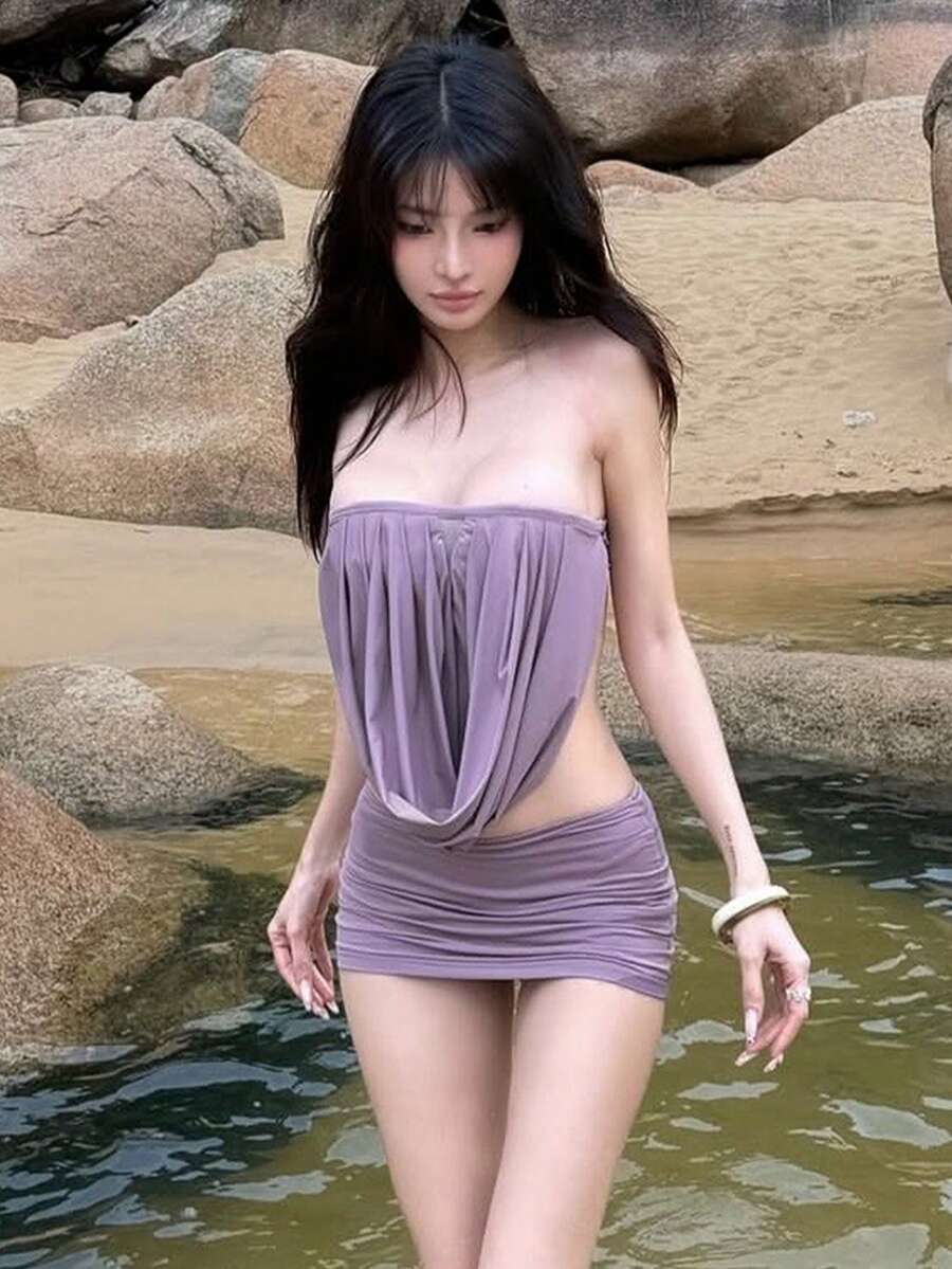 YeonC 女士性感露肩无肩带上衣，后背系带设计，搭配迷你裙两件套，高弹力沙滩派对套装 - 淡紫色 - 查看 1