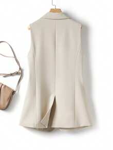 Women's Solid Color Sleeveless Vest Jacket, Elegant Lapel Spring/Autumn Fashion Style - Apricot - View 2