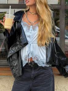 Dravelle DEEKA Spring/Summer New Women's Fashion European And American Style Minimalist Sexy Lace Decor Satin Blouse Casual - Baby Blue - View 5