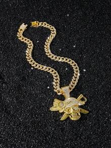 1 chiếc dây chuyền nam kiểu mắt xích Cuban Link đính đá toàn bộ theo phong cách hip hop, mặt dây chuyền hình chân dung cướp biển cổ điển. - phong cách A - Xem 8