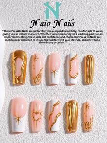 NAIO 10片/套 手工美甲贴片，三种尺寸可选：棺材形/杏仁形/短方形甲片，Y2K 酷炫风格，裸色、白色和金色法式边饰，不对称几何线条、波浪纹和波点图案。乳霜质地，适合女性和女孩，可用于派对、日常佩戴，附赠工具包，是送给女士美甲爱好者的绝佳礼物。 - 彩色 - 查看 14