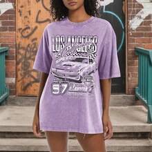2026 New Summer Pairxily Oversized Graphic Tees For Women Baggy Streetwear Preppy Shirts For Teens Race Car Checkered Flag Drop Shoulder Top Casual T-Shirt - Màu tím - Xem 2
