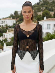 Women's Spring Summer V Neck Tops Jacquard Textured Slit Button Long Sleeve Sheer Blouse - Negro - Ver 2