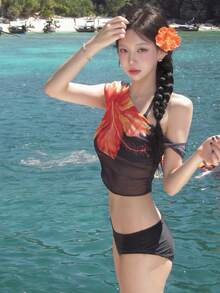 Bộ đồ bơi hai mảnh gợi cảm YeonC dành cho nữ với áo ống lệch vai và lớp vải lưới xuyên thấu co giãn cao, thích hợp cho kỳ nghỉ biển. - màu đen - Xem 7