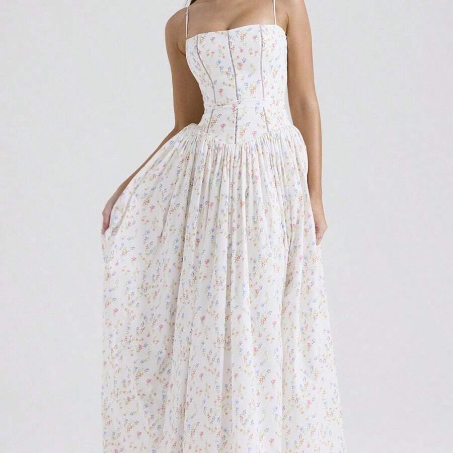 Sexy Vintage Cami Sleeveless Midi Dress For Women, White Floral Pattern With Flared Hem, Backless And Asymmetrical Details, Elegant Summer Sundress - 白色花朵 - 查看 1