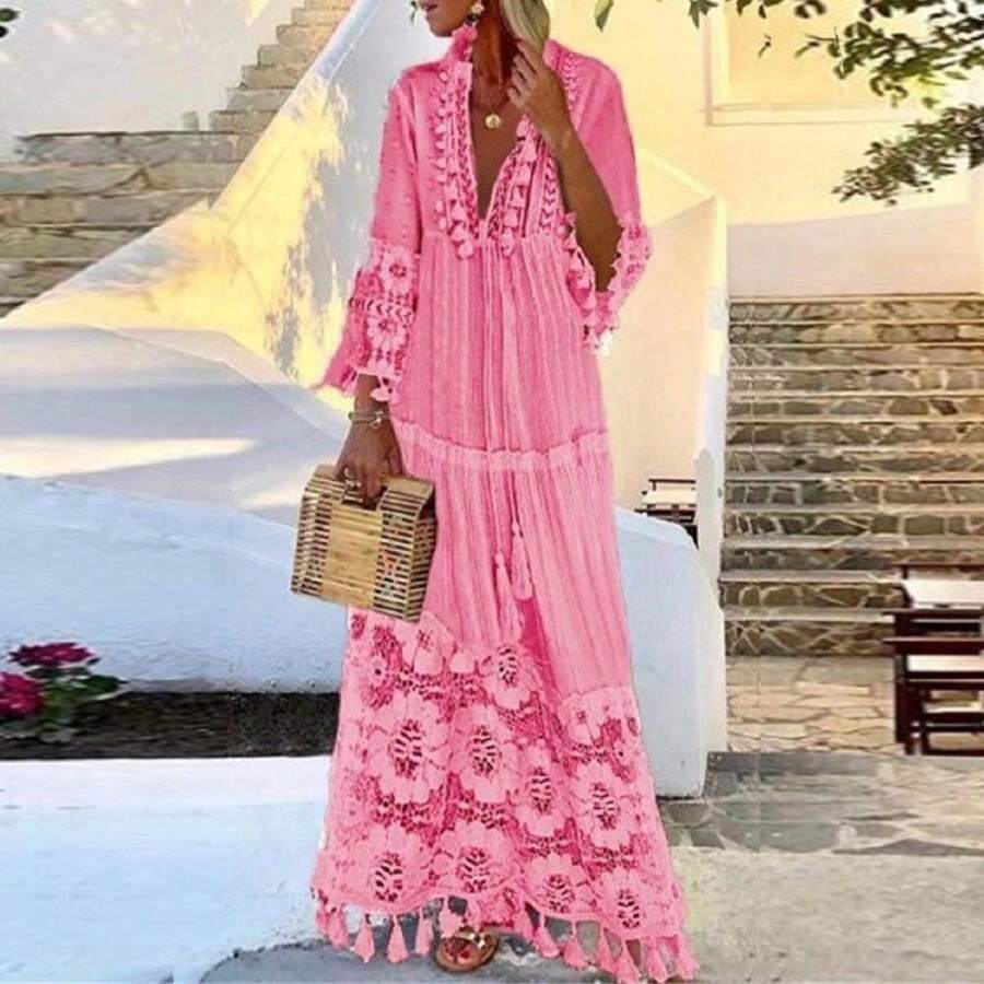 New Spring And Summer 2026 Long Beach Vacation Dress With A Bohemian Style, Featuring Lace And Tassel Splicing, Exuding Elegance. - 粉色 - 查看 1