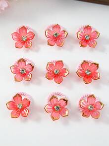 10pcs/Pack Mini Rhinestone Flower Hair Scrunchies For Girls, Red, Minimalist, Cute & Sweet, Versatile, Gentle On Hair, Elastic , Suitable For Daily Use - Red - View 3