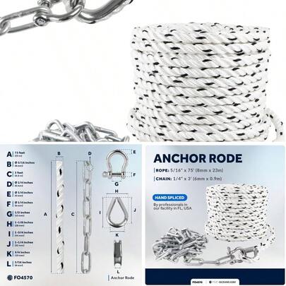New Anchor Rode Nylon 3 Strand With Hot-Dipped Galvanized Steel Chain, Stainless Steel Shackle And Thimble Included