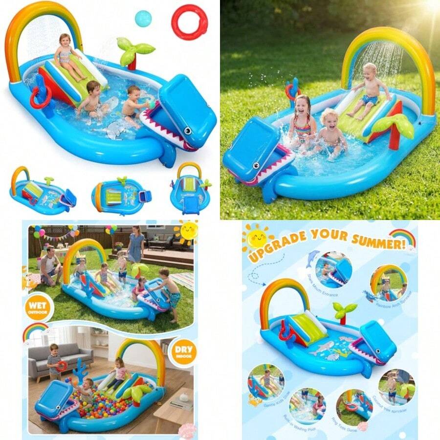 Whubefy - Centro de juegos inflable para niños para exteriores/interiores 98 x 64 x 39 pulgadas tobogán de piscina para niños con rociador de agua cascada y bola de océano multicolor sin - Vistoso - Ver 1