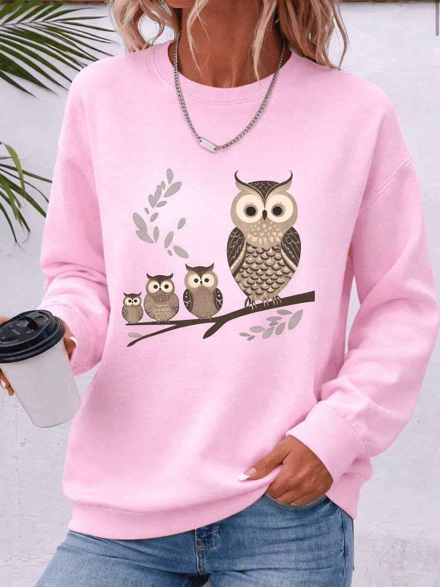 Blusa De Frio Feminina Moletom Gola Careca Estampado Modelo "Corujas" 100% Algodão - Quente e Confortável Aesthetic - Rosa - Visão 1