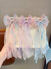 1个女童飘逸网纱蝴蝶结丝带珍珠发夹发饰 - 彩色 - 查看 1