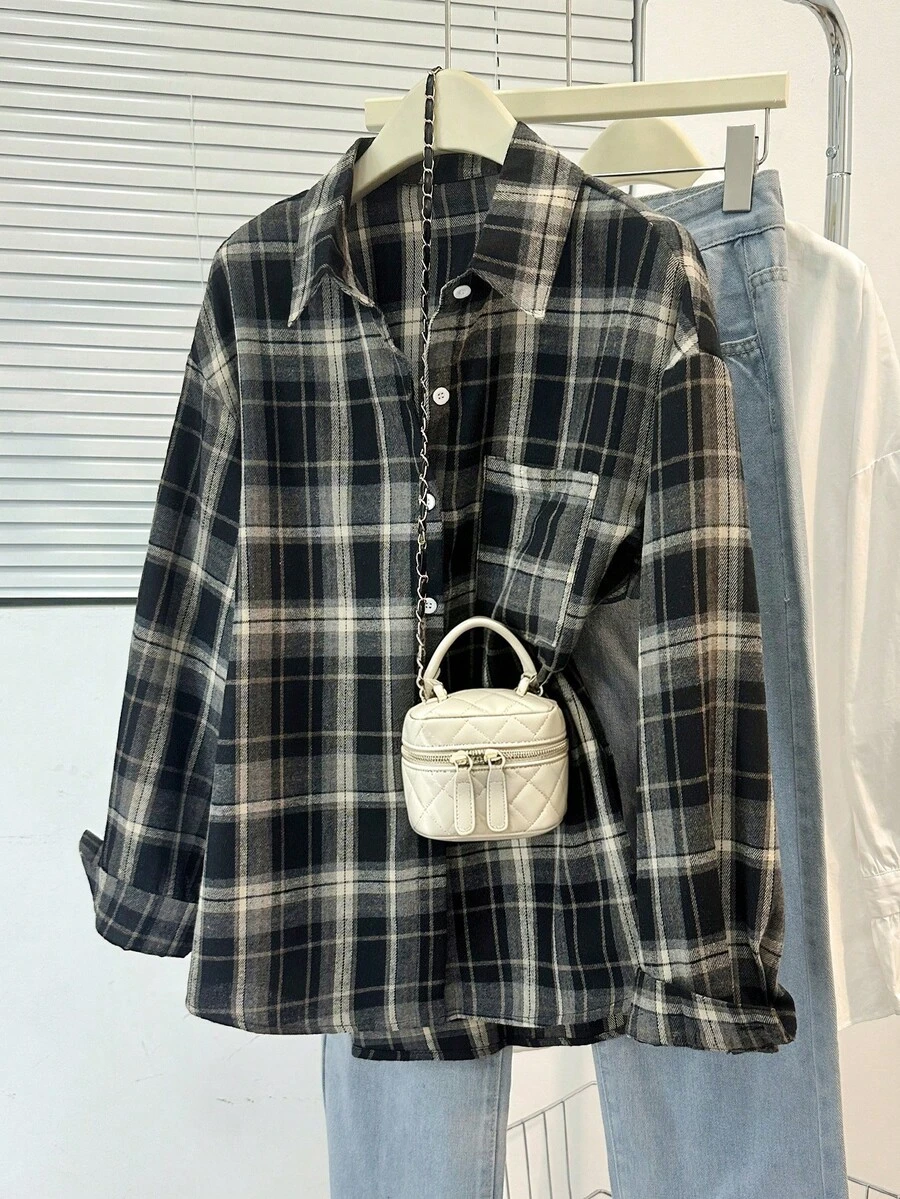 女士格子前开襟纽扣口袋休闲衬衫 - 黑色 - 查看 1