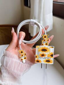 4个向日葵印花充电头保护套，数据线整理器，兼容20W充电器，适用于 15 Pro Max、17 Pro Max、16 Pro Max、11、12、13、14 Pro Max，时尚款 - 無色 - 查看 4