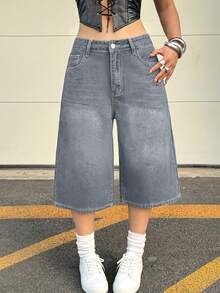 Y2K Vintage Washed Cat Whisker Pocket Wide Leg Bermuda Denim Jeans Shorts, Casual Capri Pants Summer - Light Grey - View 3
