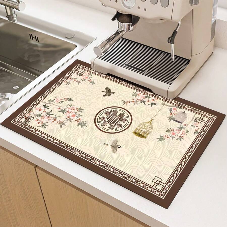 1pc Vintage Print Pattern Absorbent Mat/Drying Mat For Coffee Maker, Tableware - Absorbent Polyester Desktop Protective Mat With Rubber Anti-Slip Pad, For Kitchen Counter Decor, Home Bar And Dining Table - Multicolor - View 1