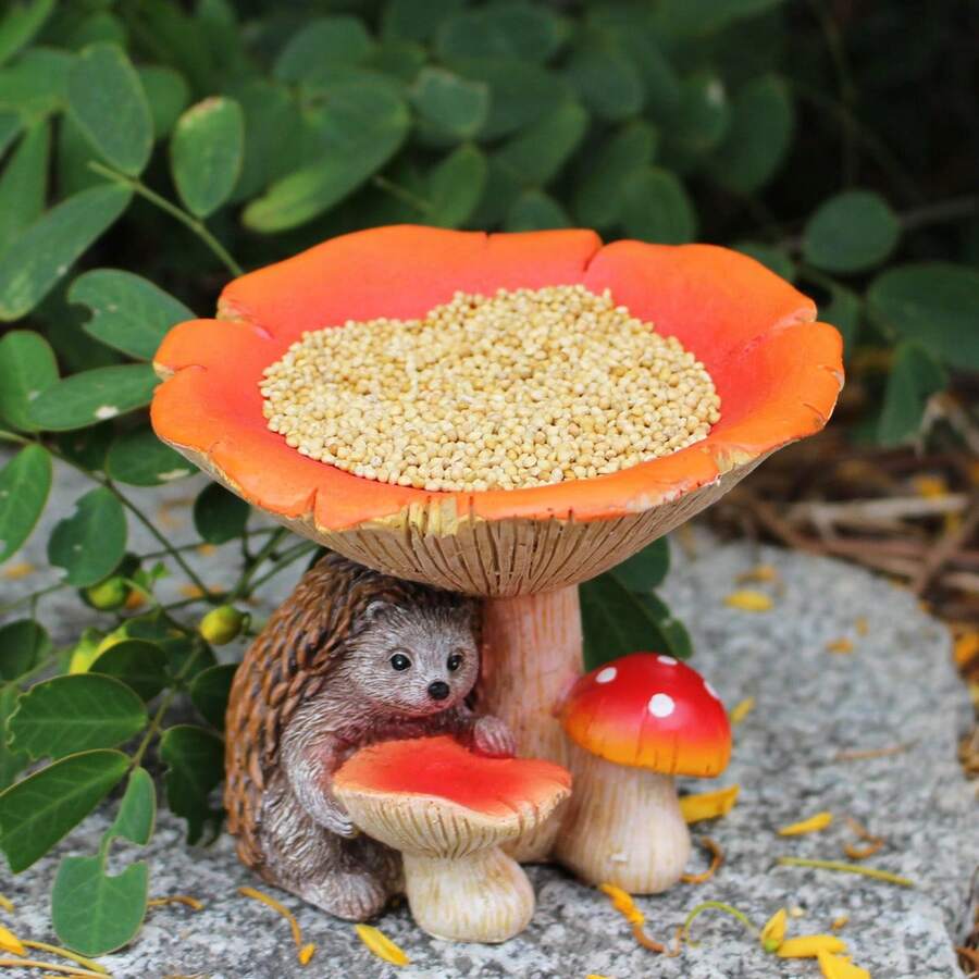 创意刺猬蘑菇造型喂鸟器摆件，户外花园动物喂食雕塑装饰摆件，蜂鸟喂食器，可爱刺猬蘑菇雕像，喂鸟碟，庭院装饰 - 餵鳥器 - 查看 1