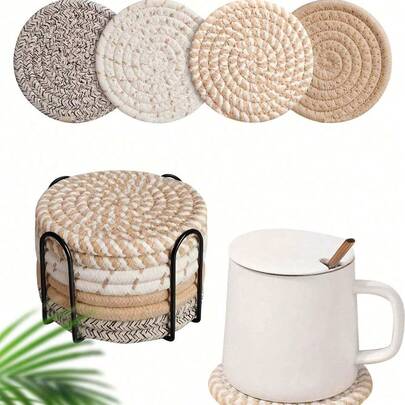 1Pcs Random Color Drink Coasters With Holder, Minimalist Table Woven Coasters,Kitchen Table Heat-Resistant Coasters And Thick Insulation Pads,4 Colors Absorbent Coaster Set For Home Decor Tabletop Protection Suitable For Kinds Of Cups, 4.3 Inches