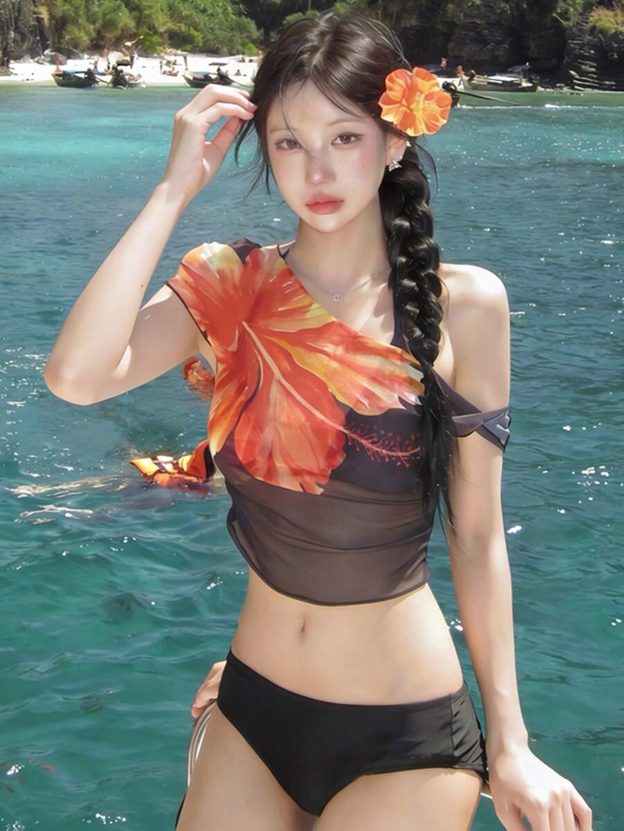 Bộ đồ bơi hai mảnh gợi cảm YeonC dành cho nữ với áo ống lệch vai và lớp vải lưới xuyên thấu co giãn cao, thích hợp cho kỳ nghỉ biển. - màu đen - Xem 1