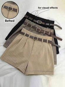 Short Mujer Formal De Raya Vertical Con Cinturón Incluido, Cintura Alta Entallada Con Pinzas Moldeadoras, Diseño De Bajo Remangado, Tejido Suave Estructurado Transpirable Con Caída Elegante, Disponible En 3 Colores Negro, Café Y Gris, Estilo Oficina Elegante Ideal Para Uso Diario, Negocios Y Looks Casuales Formales - Albaricoque - Ver 1