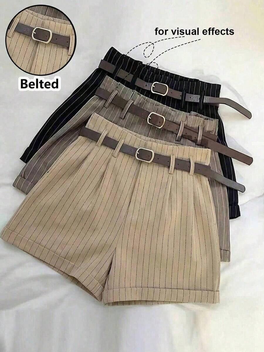 Short Mujer Formal De Raya Vertical Con Cinturón Incluido, Cintura Alta Entallada Con Pinzas Moldeadoras, Diseño De Bajo Remangado, Tejido Suave Estructurado Transpirable Con Caída Elegante, Disponible En 3 Colores Negro, Café Y Gris, Estilo Oficina Elegante Ideal Para Uso Diario, Negocios Y Looks Casuales Formales - Albaricoque - Ver 1