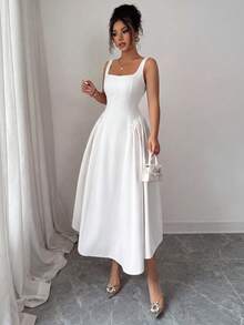 Đầm hai dây Glamful phong cách Pháp ngách, màu trơn, eo thắt, nơ sau lưng, ngọt ngào thanh lịch cho hẹn hò xuân hè - trắng - Xem 9