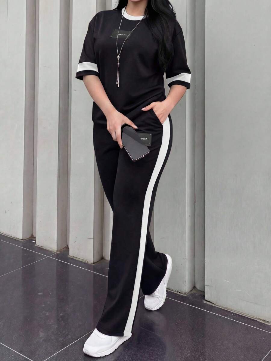 Women's New Round Neck Short Sleeve T-Shirt And Elastic Waist Loose Pants 2 Pieces Set, Casual Daily Wear, Spring/Autumn Summer Elegant - Black and White - View 1