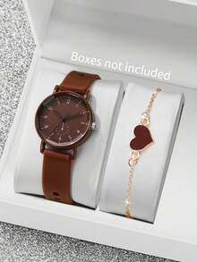 2pcs/Set Women's Silicone Watch With Elegant Numeric Dial, Quartz Wrist Watch + Heart-Shaped Bracelet (Watch Box Not Included) - Brown - View 10