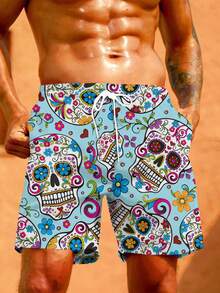 Plus Size Men's Skull Digital Print Drawstring Waist Shorts With Pockets, Unique Fashion Beach & Vacation Casual Shorts - Multicolor - View 14