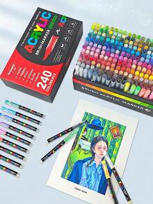 Multi-Color Soft Tip Acrylic Marker Pen Set, Large Capacity Soft Tip, Suitable For Student Painting And Art Coloring Books, DIY Graffiti Hand-Drawn Doodle Filling White Black Gold Silver Stackable Opaque Paint Markers - Multicolor - View 2