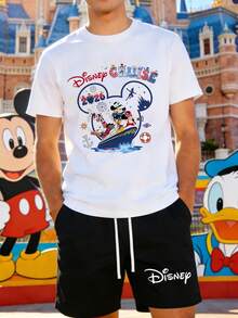 Disney Cruise Officially Licensed Men's 2-Piece Outfit, Nautical Mickey & Friends Print Crew Neck T-Shirt & Drawstring Shorts Casual Summer Streetwear Set For Theme Parks & Daily Wear - 白色 - 查看 1