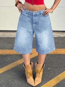 Quần short denim mùa hè Y2K mới, quần short ống rộng cạp thấp túi xéo kiểu vintage, quần Bermuda nữ phong cách thường ngày đi nghỉ mát ngoài trời. - Xanh và trắng - Xem 7