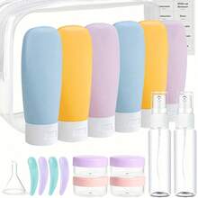 Bộ 20 chai đựng mỹ phẩm du lịch màu pastel Macaron được TSA chấp thuận, kèm túi đựng bằng PVC trong suốt và 16 nhãn phân loại, gồm 6 chai bóp + 2 chai xịt + 4 hũ kem + bộ dụng cụ chiết rót đầy đủ (phễu + cọ + 4 thìa), chống rò rỉ, miệng rộng, dễ dàng đổ đầy lại, kích thước nhỏ gọn, tiện dụng cho dầu gội, dầu xả, sữa dưỡng thể và sữa tắm, vật dụng thiết yếu khi đi máy bay, công tác, nghỉ dưỡng, cắm trại, quà tặng lý tưởng cho cả nam và nữ trong dịp lễ. - Nhiều màu - Xem 9