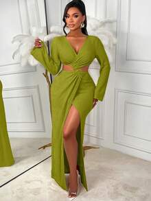 AIJ Amarilo Women's Elegant Solid Color High Stretch V-Neck Asymmetrical High Slit Autumn Blouse Dress, Suitable For Daily Commute And Shopping - Green - View 4