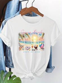 Sommaroutfit dam 2026 Sommarstrandserie Mönstrad kortärmad T-shirt 6260t-shirt dam - 02-Svart - Visa 4