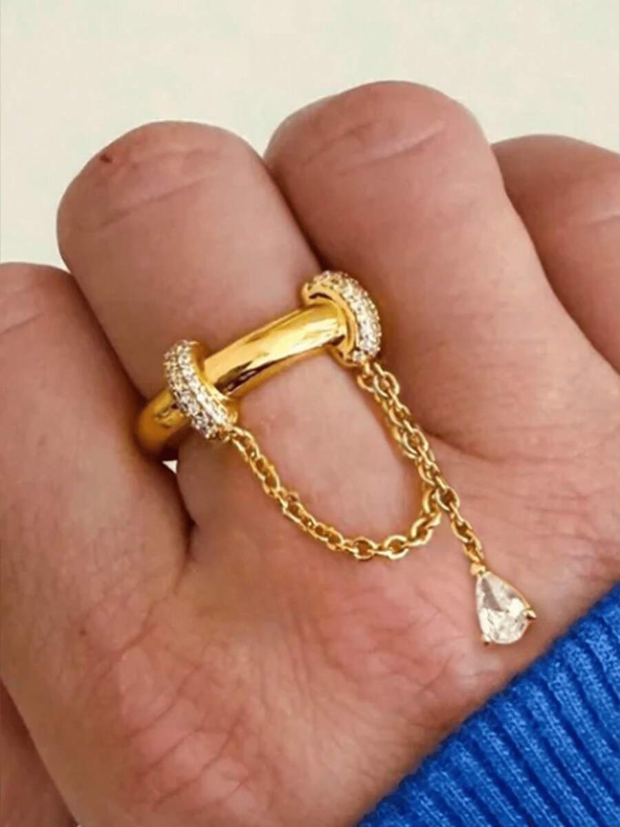rundraw 1pc New Tassel Water Drop Zirconia Inlaid Luxury Elegant Gold Color Ring For Women, Suitable For Dates, Parties, Balls, Banquets, Matching Daily Outfits, Best Gift For Friends And Lovers On Holidays And Anniversaries - Gold - View 1