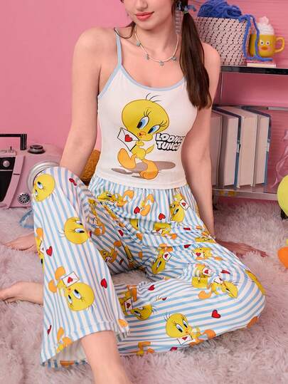 Noctvar OBM Sleepwear X LOONEY TUNES Bộ đồ ngủ nữ 2 món: Áo hai dây trắng + Quần dài in họa tiết