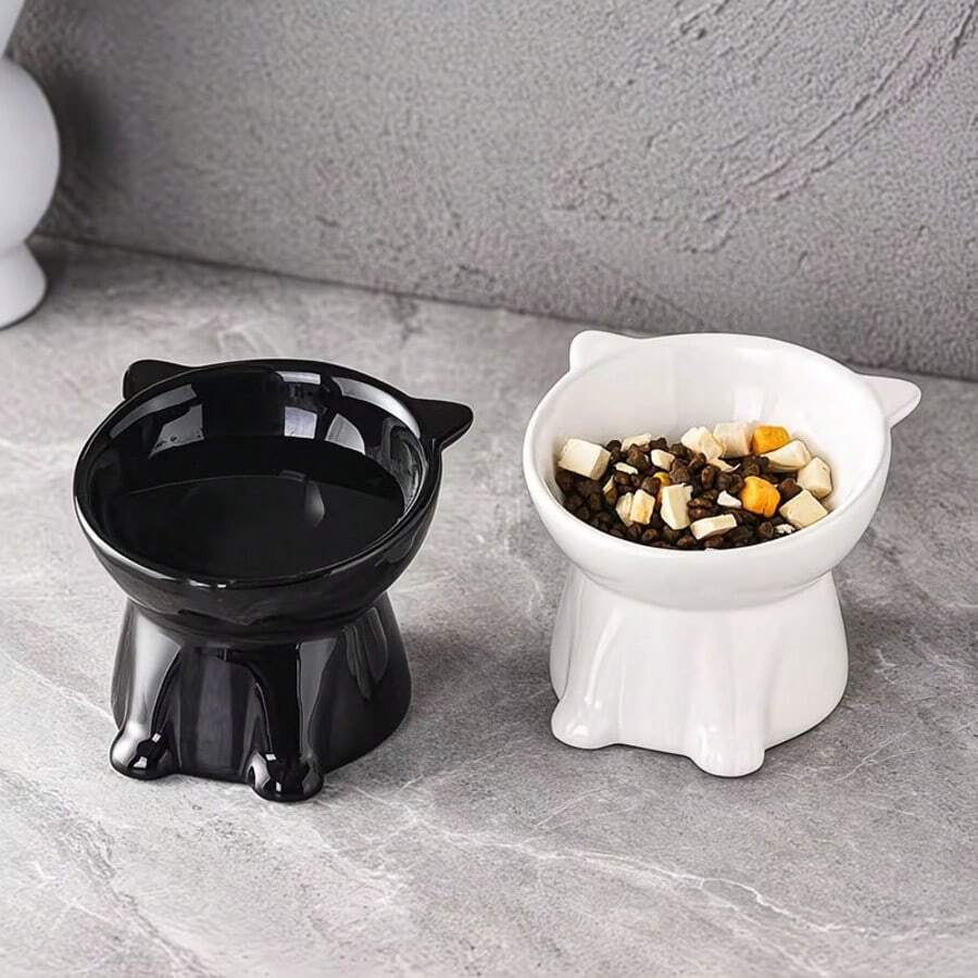 1个 - 优雅黑白高脚宠物碗，15°倾斜 - 防呕吐高脚宠物喂食器，旨在保护颈椎和脊椎，防滑宽底座，耐用塑料材质，适用于猫和小型犬，可盛放干湿食物，实用宠物礼品
