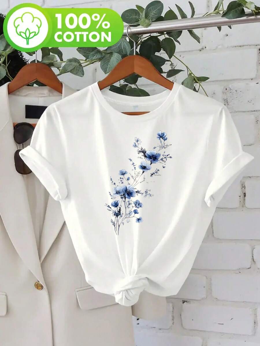 100% High Quality Summer Women's Plum Blossom Print T-Shirt, Round Neck, Short Sleeve, Comfortable Home Wear-X - White - View 1