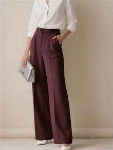 Pantalones holgados de cintura alta con pliegues, aptos para el trabajo y el uso casual, negro para primavera/verano - púrpura - Ver 4