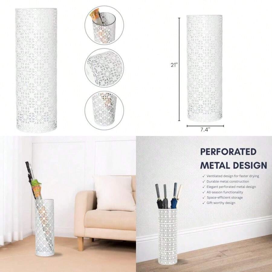 Concepts - Soporte para paraguas de metal resistente de 8 x 20 pulgadas soporte de almacenamiento duradero para paraguas uso en interiores y exteriores organizador elegante y moderno para entradas - Encaje de flores blancas - Ver 1