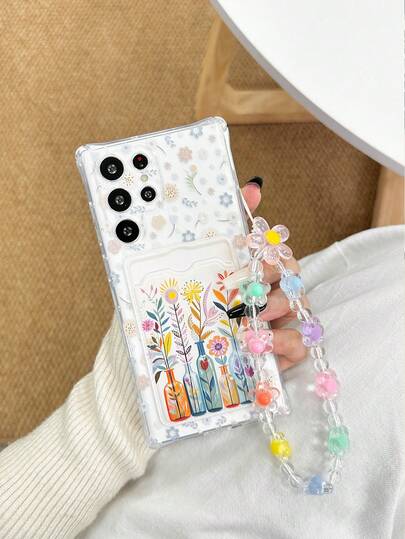 Floral Card Holder Silicone Soft Full Coverage Transparent Painted Anti-Drop Phone Case With Decorative Beaded Bracelet, Compatible With Samsung Galaxy A17/A07/ S26/S26PLUS/S26 Ultra S25/S25PLUS/S25 Ultra/A16/A36/A26/A56/A50/A12/A32/A52/A72/A51/A21S/A13/A14/S24/S24PLUS/S24Ultra,S22/A52/A53/A54/A55 S23, Compatible With Xiaomi 11/12Pro/12/12X/13Pro/14Pro/15Pro/, Compatible With Redmi 10/9/Note9/12c/Note11pro/Note8Pro