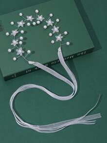 1 pieza Diadema de flores para niña, diadema de perlas para niñas, accesorio de cabello de boda de aleación con flores, accesorio de fotografía para comunión y fiesta de bodas - Blanco - Ver 12