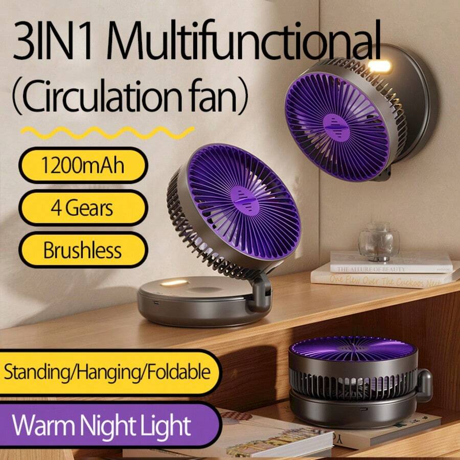 New Multifunctional Foldable Desk Fan With Glow-In-The-Dark, Wallmount Hook-Free Design, 90° Foldable, Tabletop, Adjustable Ambient Night Light, Type-C Charging Port, Minimalist Style, Suitable For Home, Office, Outdoor Camping