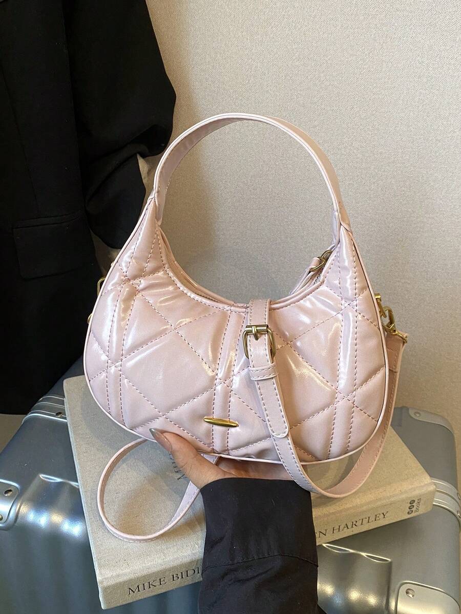 Bolso de mano en forma de media luna acolchado con rombos en color rosa, bolso casual y versátil para el hombro/cruzado para el verano y el transporte diario