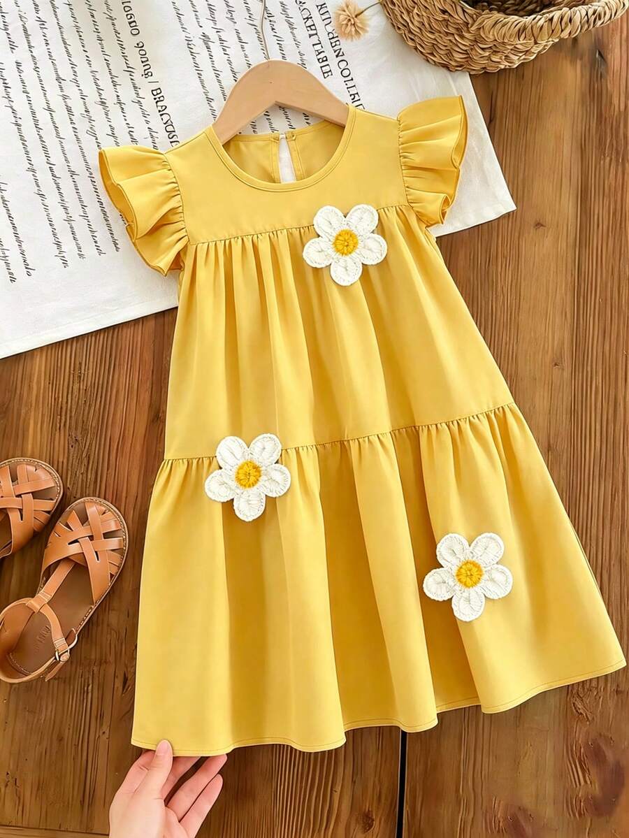 Girls Lightweight Floral Print Dress, Crochet Daisy Decor + Playful Flared Sleeves, Multi-Layer Pleated Loose Skirt, Suitable For 4-7 Years Old Girls Casual & Holiday Wear - Yellow - View 1