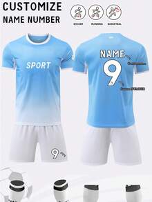 2pcs Manchester City Football Jersey For Men, Personalized Football Uniform, Sports Suit, Running Set, Summer T-Shirt Set, Suitable For Football, Badminton, Basketball, Cycling - Baby Blue - View 1